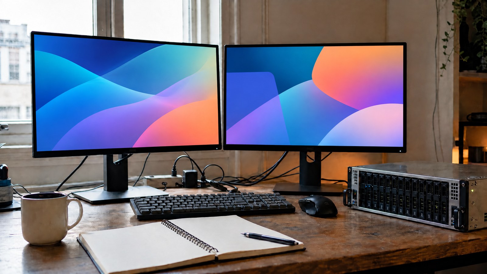 Dual-monitor cloud developer workstation with a compact test server