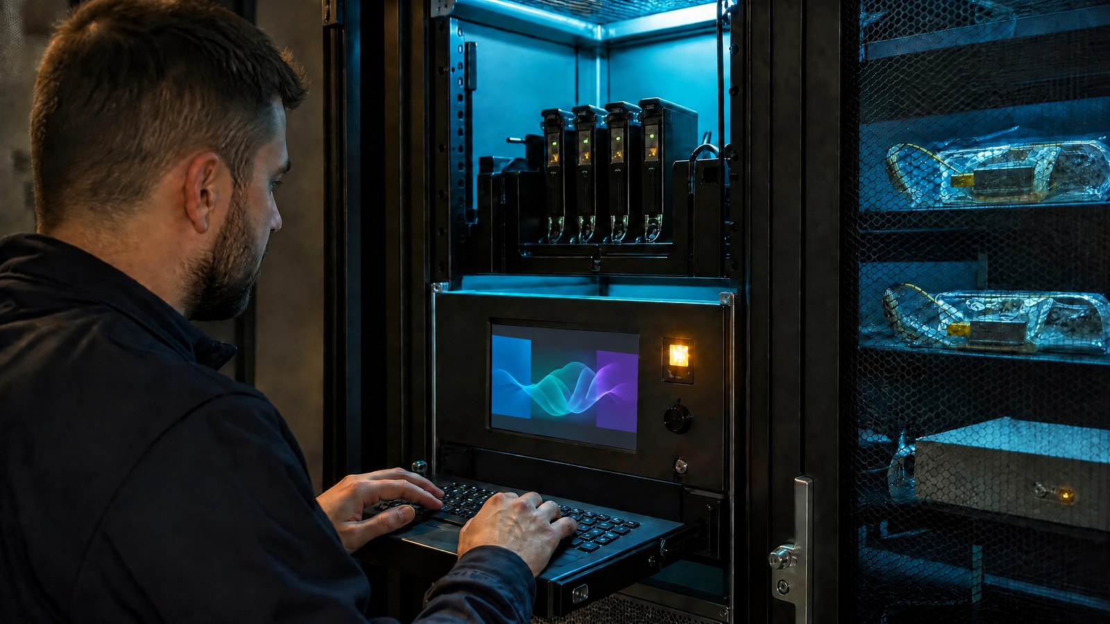 A platform engineer operates a hardware-backed digital credential vault in a blue-lit secure infrastructure room.