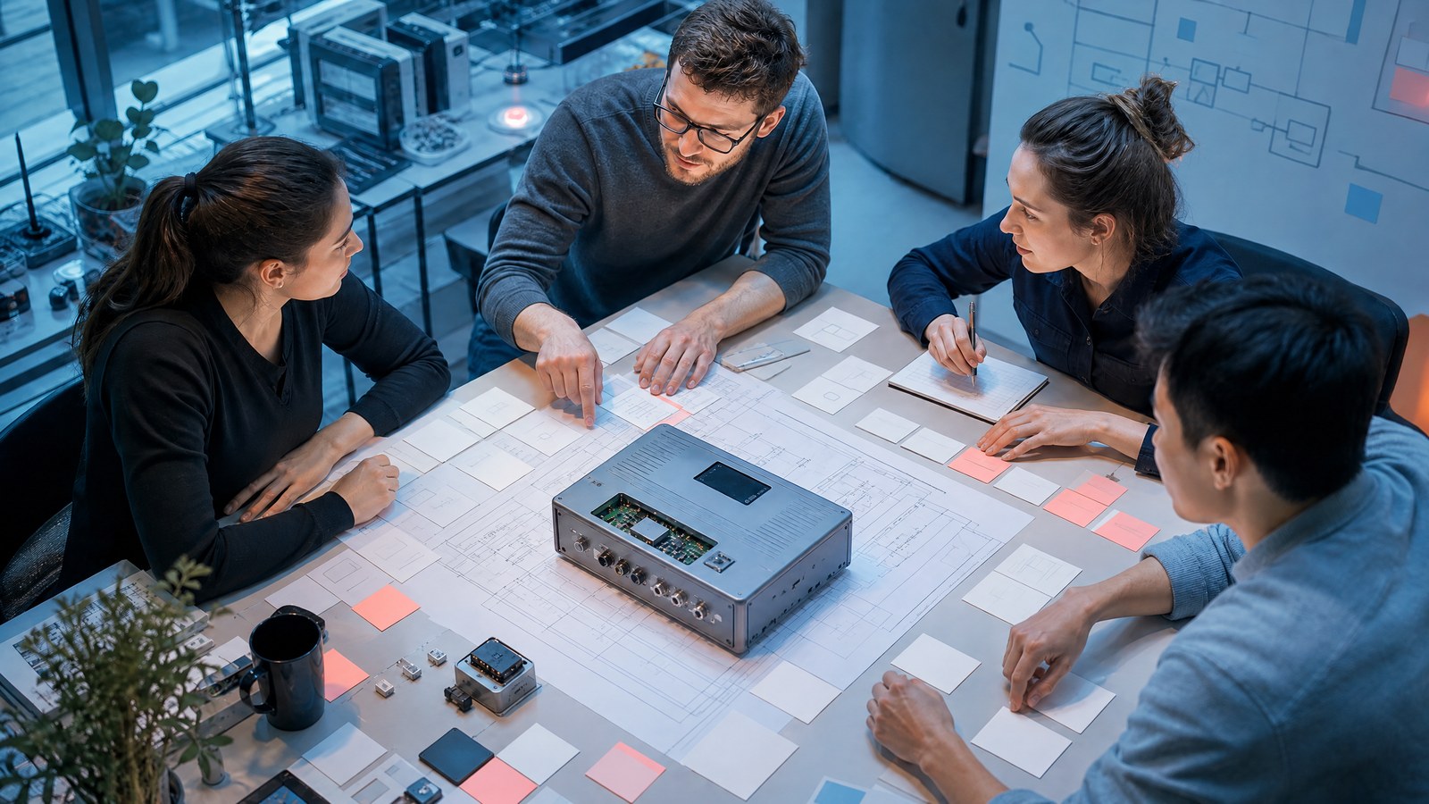 A product security team threat-models a connected device around a table in a warm coral-lit design studio.