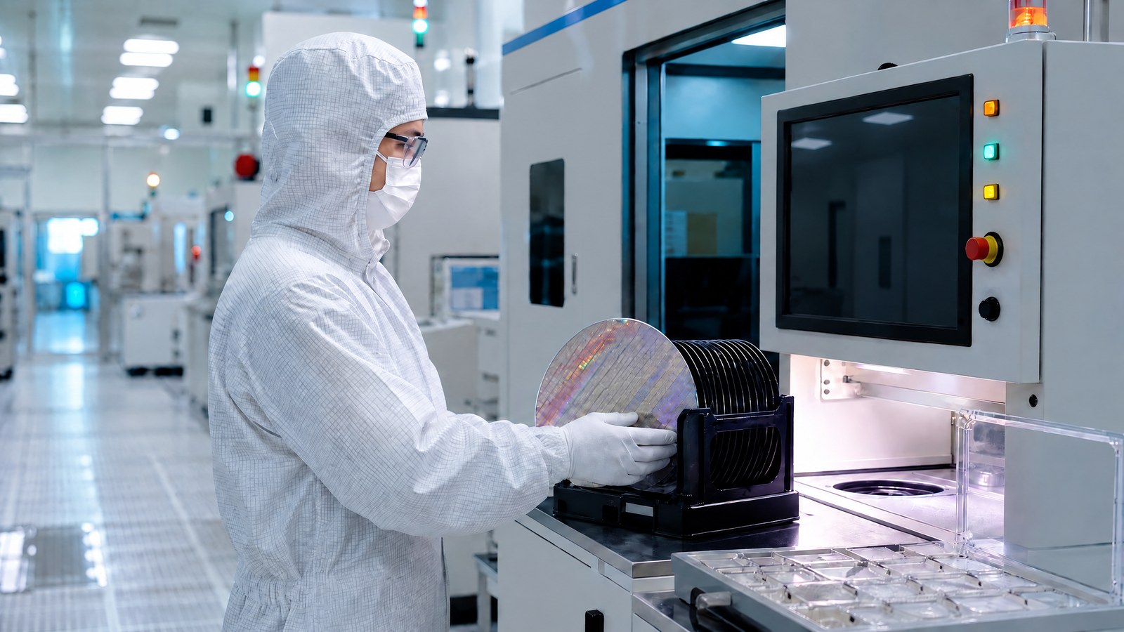 A process engineer in a fabrication facility examines patterned silicon wafers beside a projected defect-map display rendered as abstract colour shapes without text, under warm amber inspection lighting.