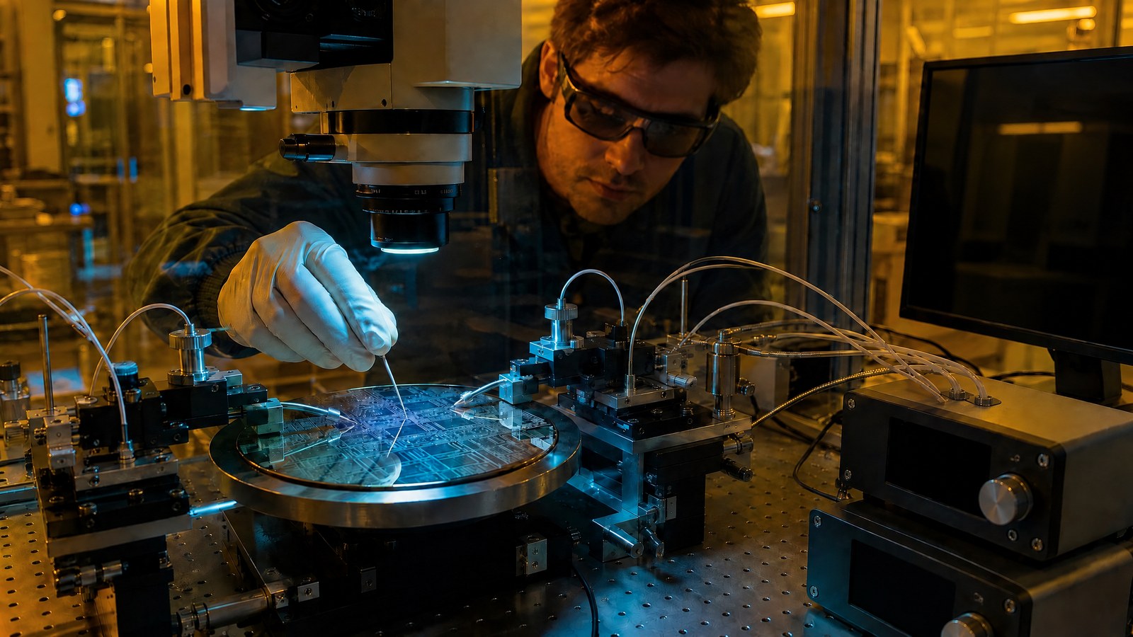 A photonics engineer aligns delicate fibre probes over a silicon photonics wafer on an optical test station, with violet clean-laboratory light, precision stages, and softly blurred instruments.