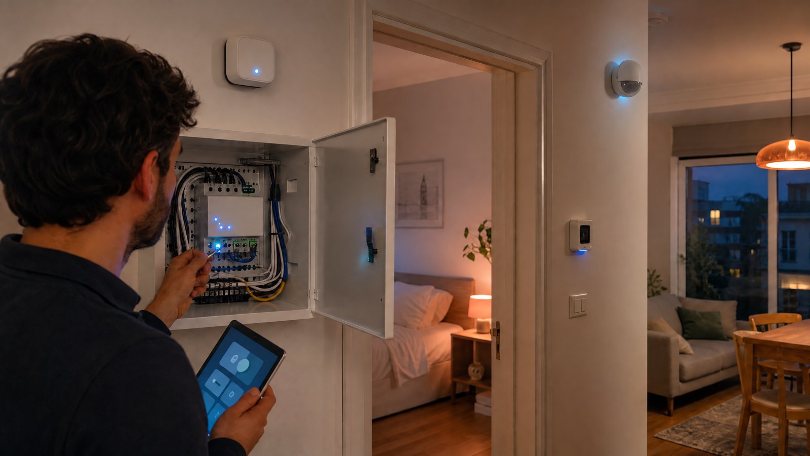 A home automation engineer tests unbranded sensors and a compact local controller on a residential laboratory worktable.