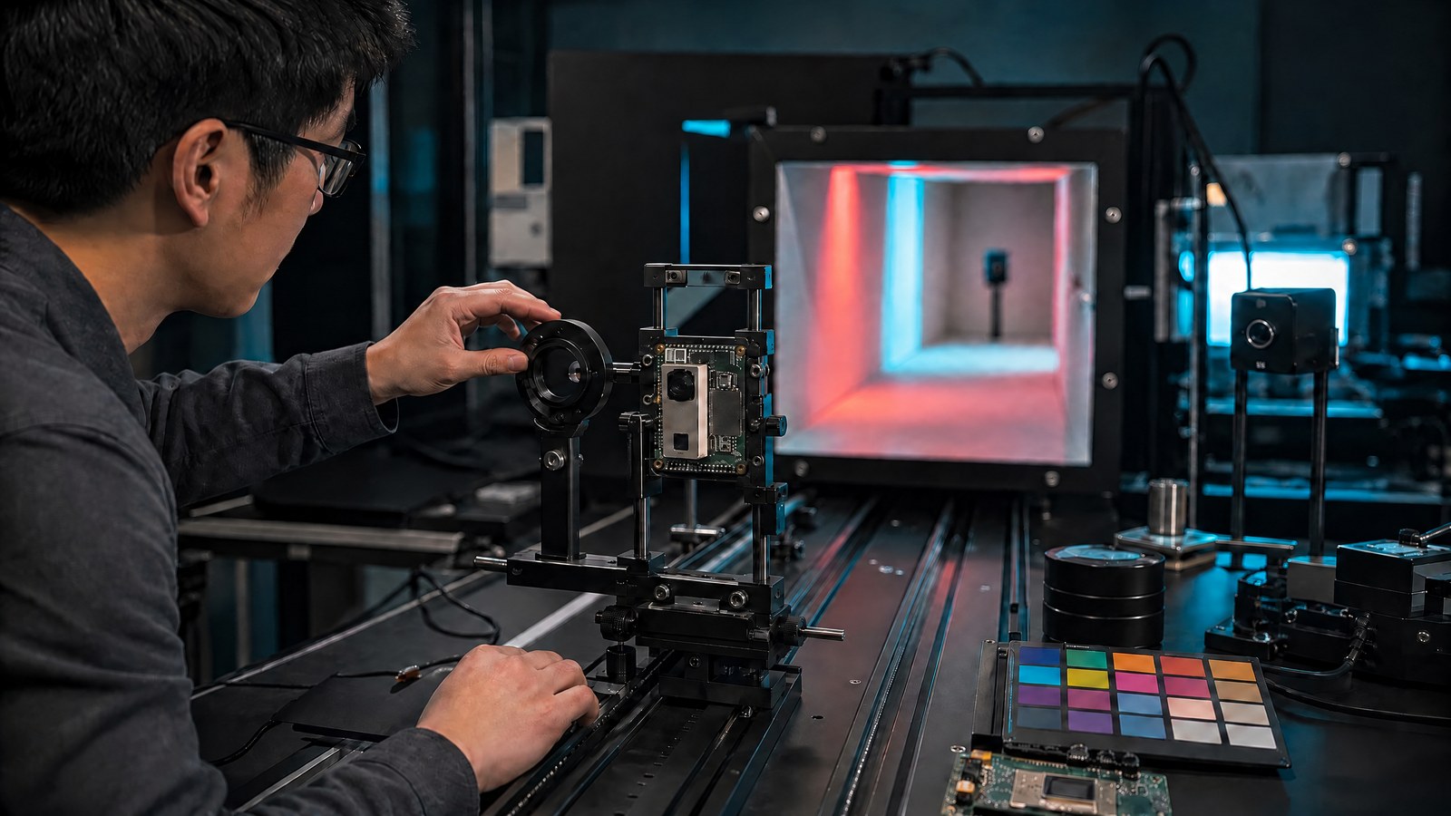 A camera engineer examines a smartphone camera module and test chart beside optical equipment in a softly lit laboratory.