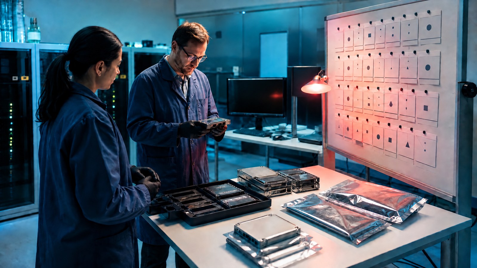Release engineers inspect signed software build artifacts and printed component inventory cards on a clean secure release bench.