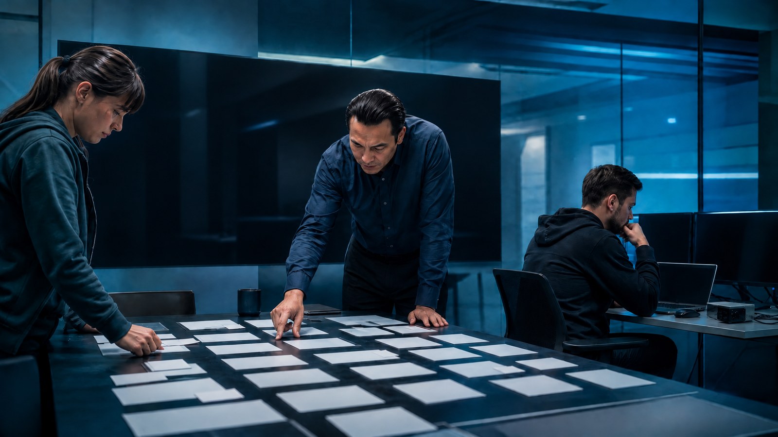A cybersecurity team reviews asset maps and controlled test systems while triaging vulnerabilities in an amber-lit operations room.