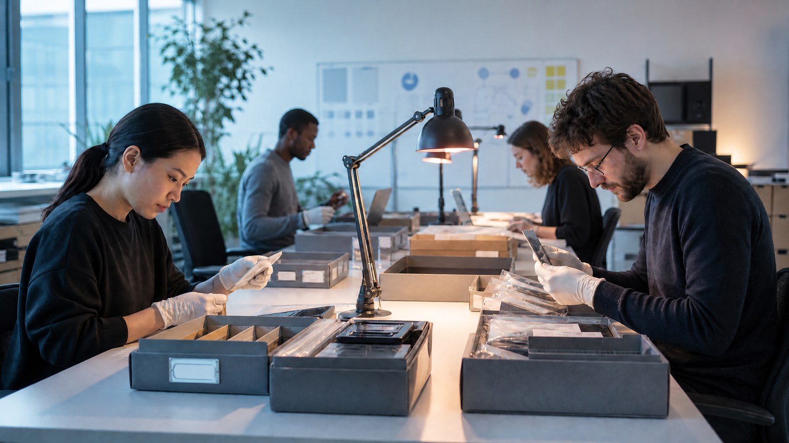 A data startup team audits abstract labelled datasets, permissions records, and feedback workflows around a bright collaborative table, with no text visible.
