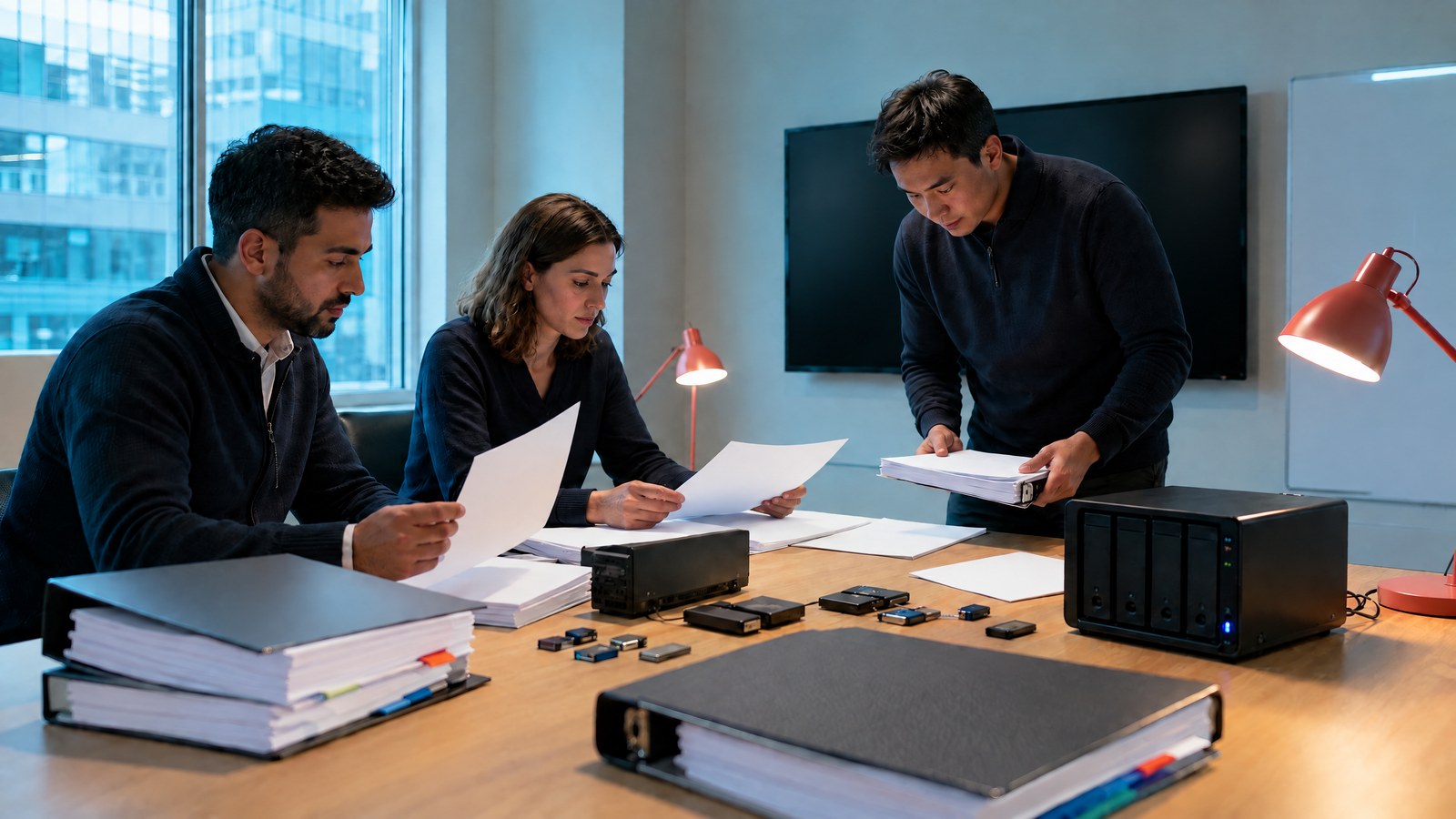 Startup founders and a security lead review an enterprise control map and evidence folders in a calm meeting room, without readable materials.