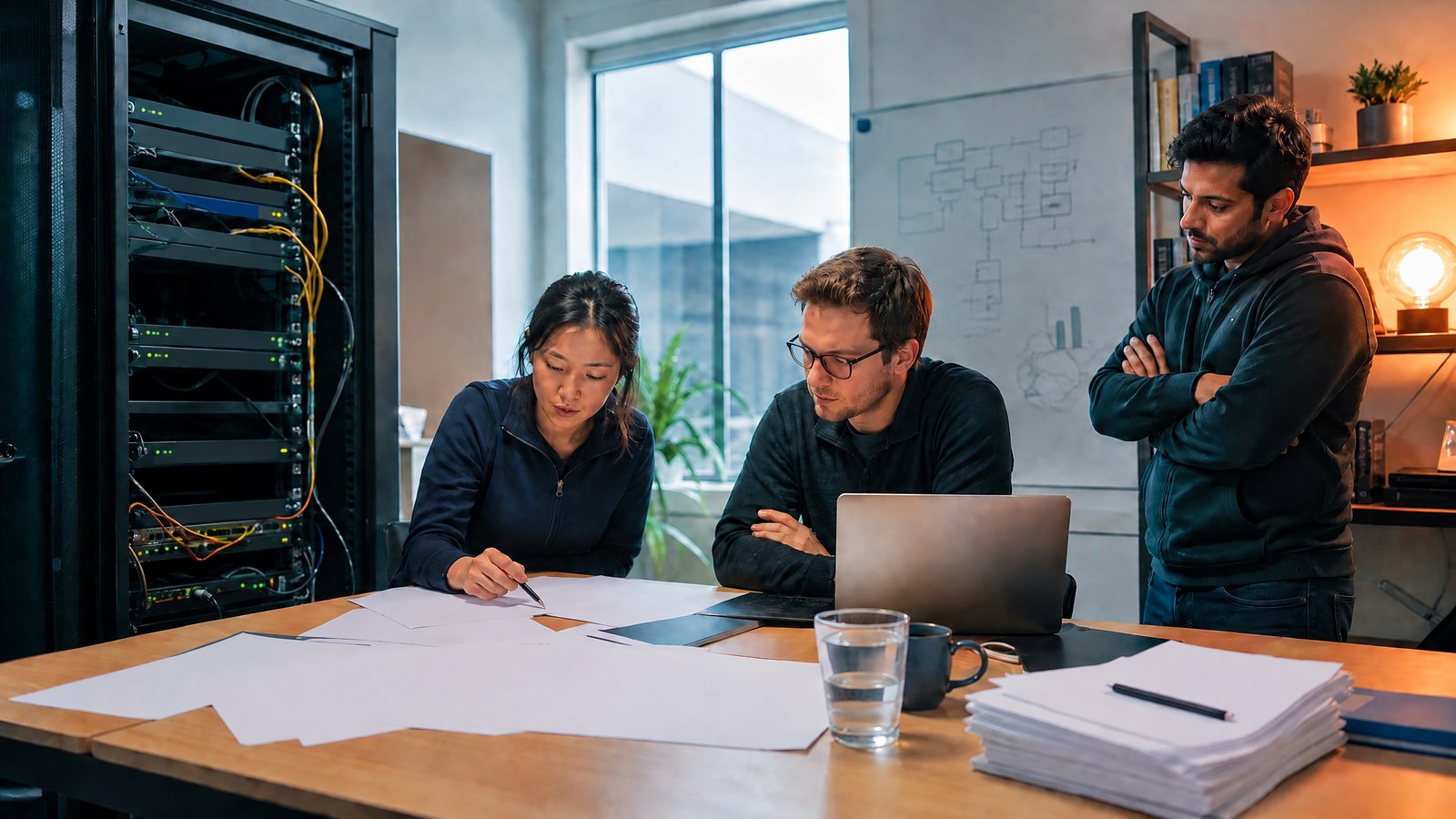 Three startup colleagues study a layered system map and printed operational records at a sunlit table, with no readable text visible.