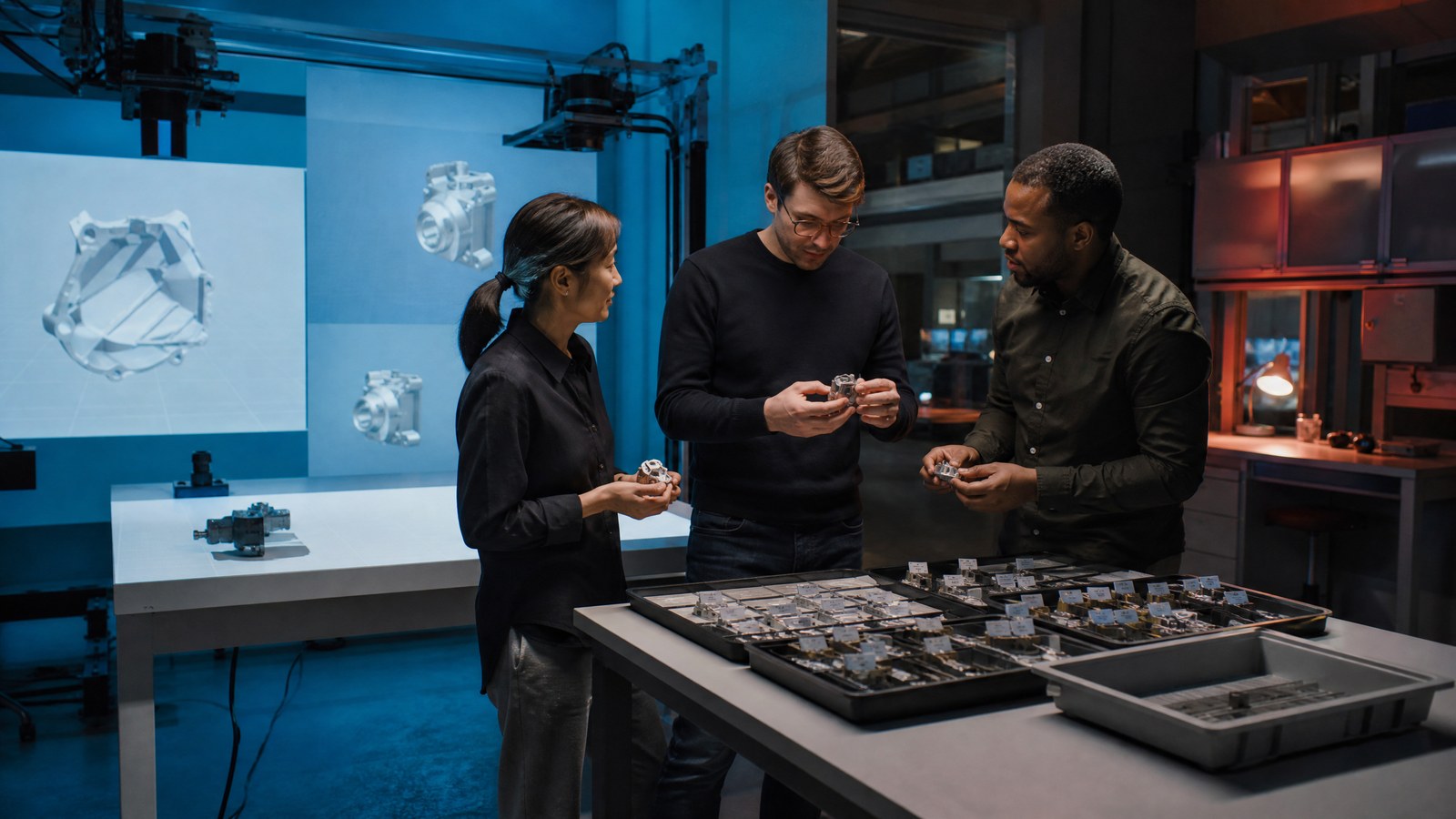 A machine-learning team compares simulated industrial images with carefully labelled real-world samples on a neutral studio table.