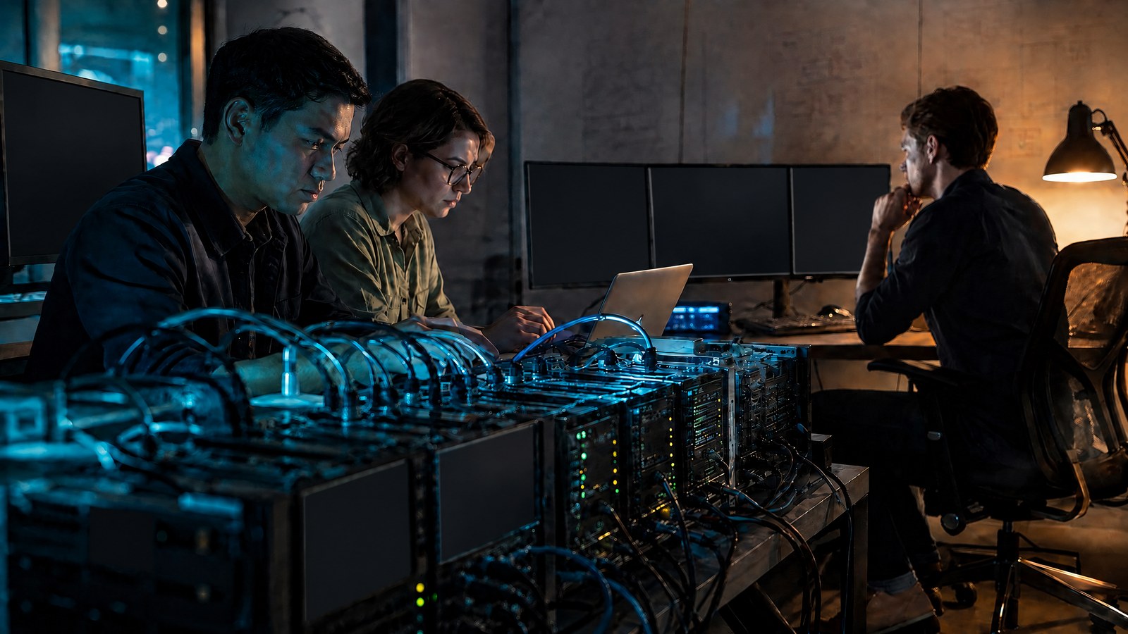 A startup team compares abstract product-usage curves with server-capacity models on unlabelled paper and a text-free monitor.