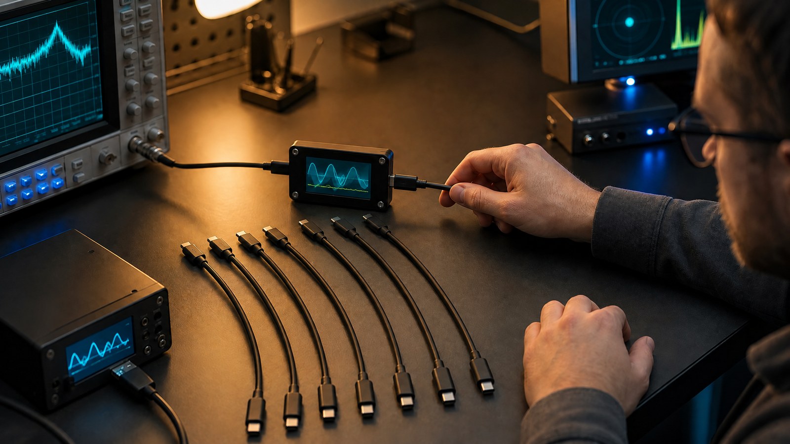A technician uses measurement equipment to examine several USB-C cables on a carefully organised electronics test bench.