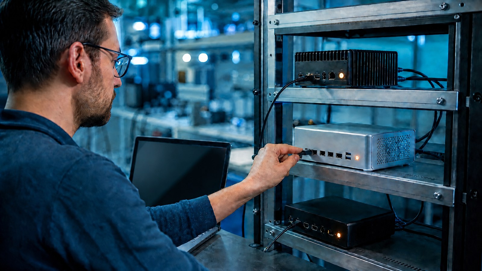 A developer configures a small edge computing cluster in a test laboratory, with compact servers and a translucent abstract WebAssembly deployment model.