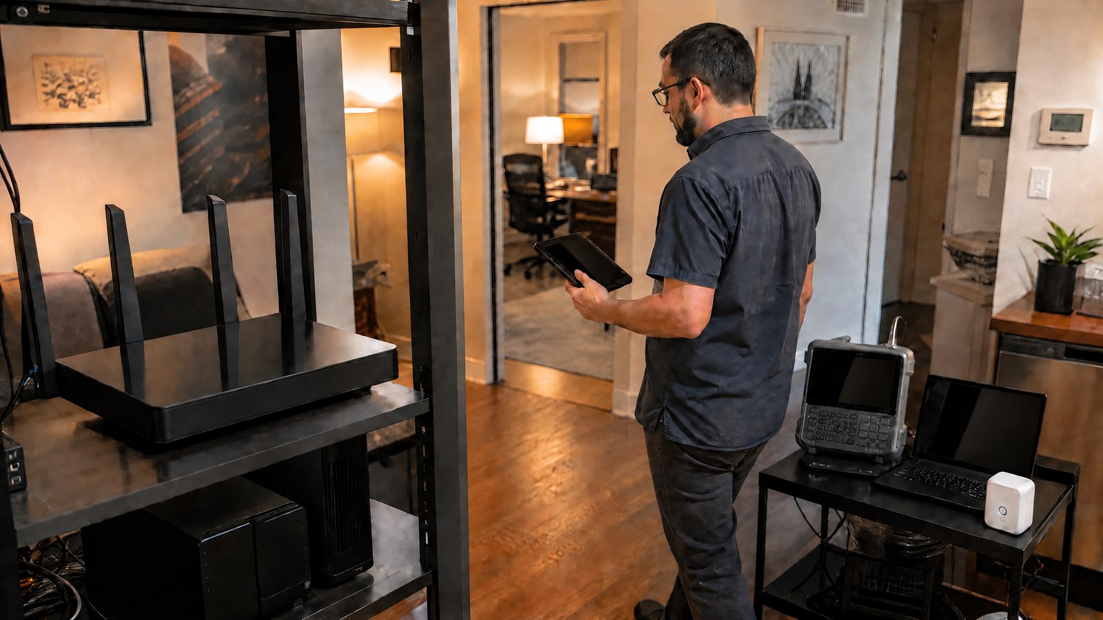 A network engineer tests several wireless devices around a router in a furnished apartment-style laboratory.